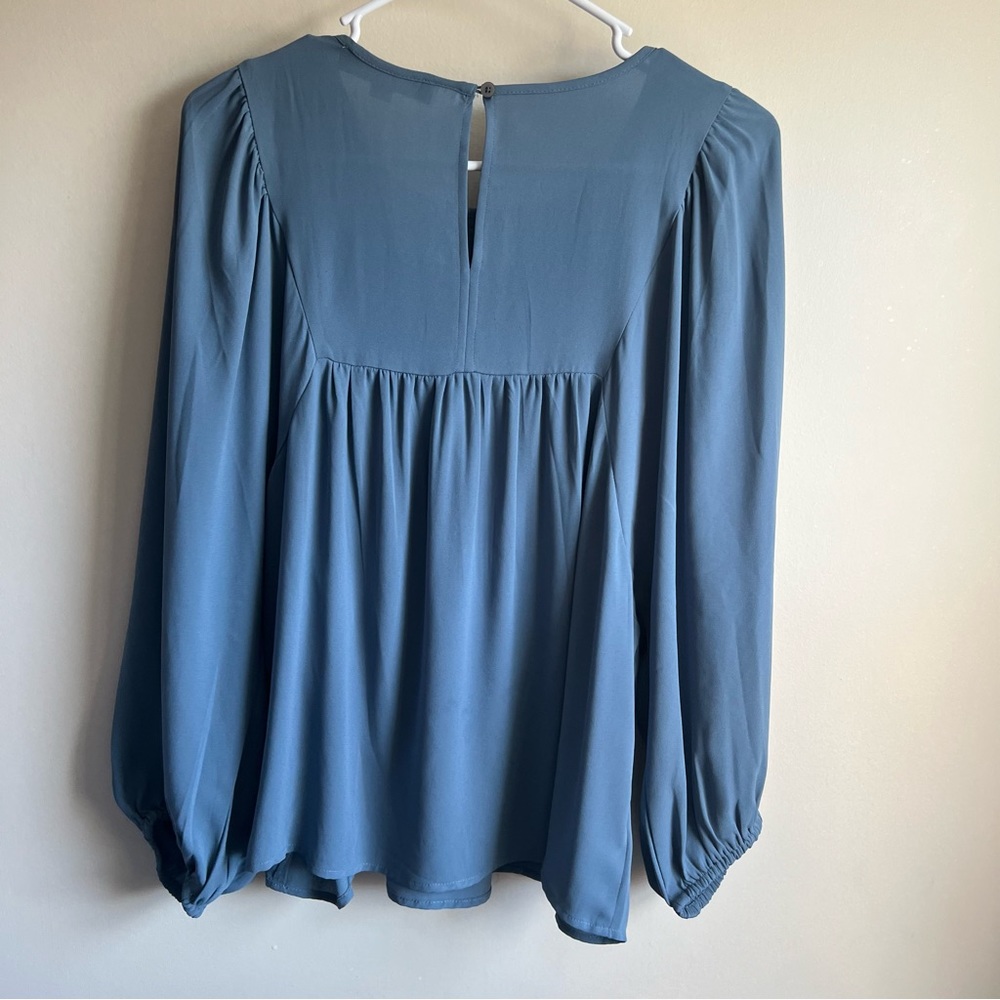 Loft Blue Gray Lace Crochet Front Bib Long Sleeve Blouse - Picture 3 of 6